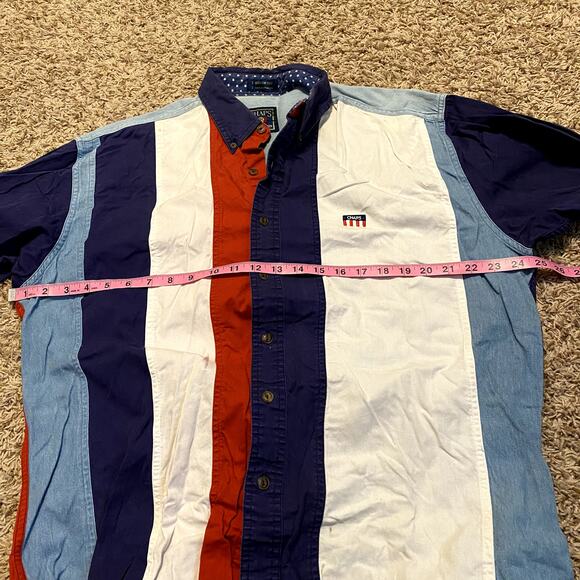 Chaps Mens Large Long Sleeve Stripes Collared Color Block Red White Blue - Picture 8 of 9